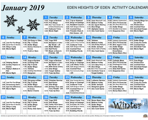 Eden Heights of Eden January 2019 Calendar