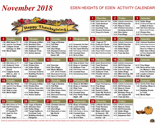 Eden Heights November Calendar