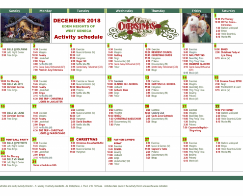 Eden Heights of West Seneca December 2018 Calendar