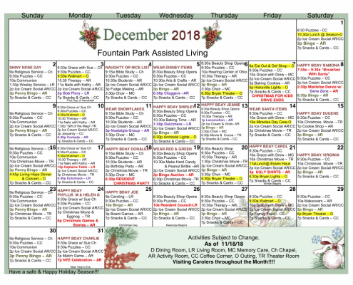 Fountain Park Assisted Living December 2018 Calendar