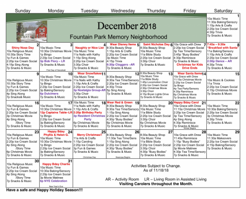 Fountain Park Memory Care December 2018 Calendar